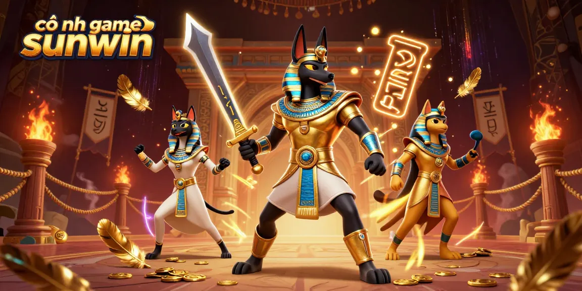 Win big at cổng game sunwin with Anubis and Bastet in this dynamic 3D casino illustration.