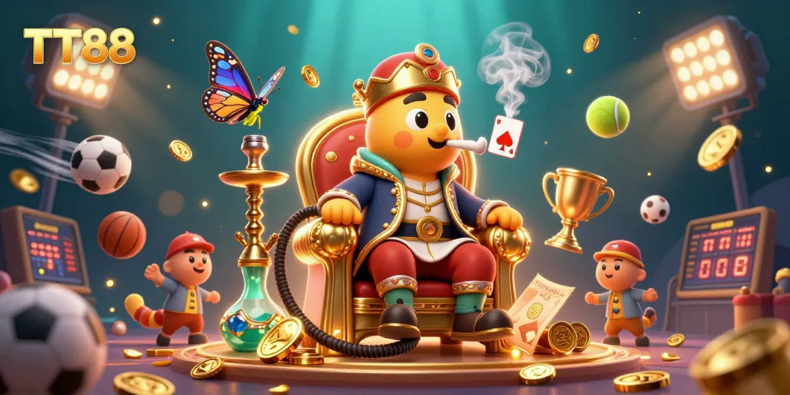 Experience TT88 with a captivating 3D illustration featuring vibrant casino elements and a dynamic atmosphere.