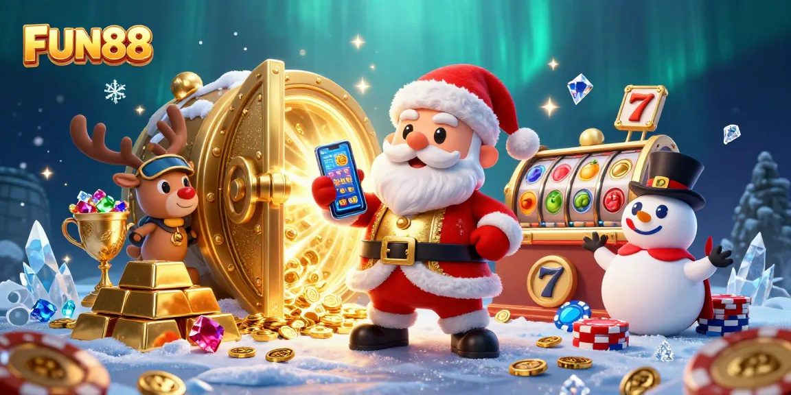 Spin the FUN88 jackpot slots with Santa and friends in a vibrant casino setting.