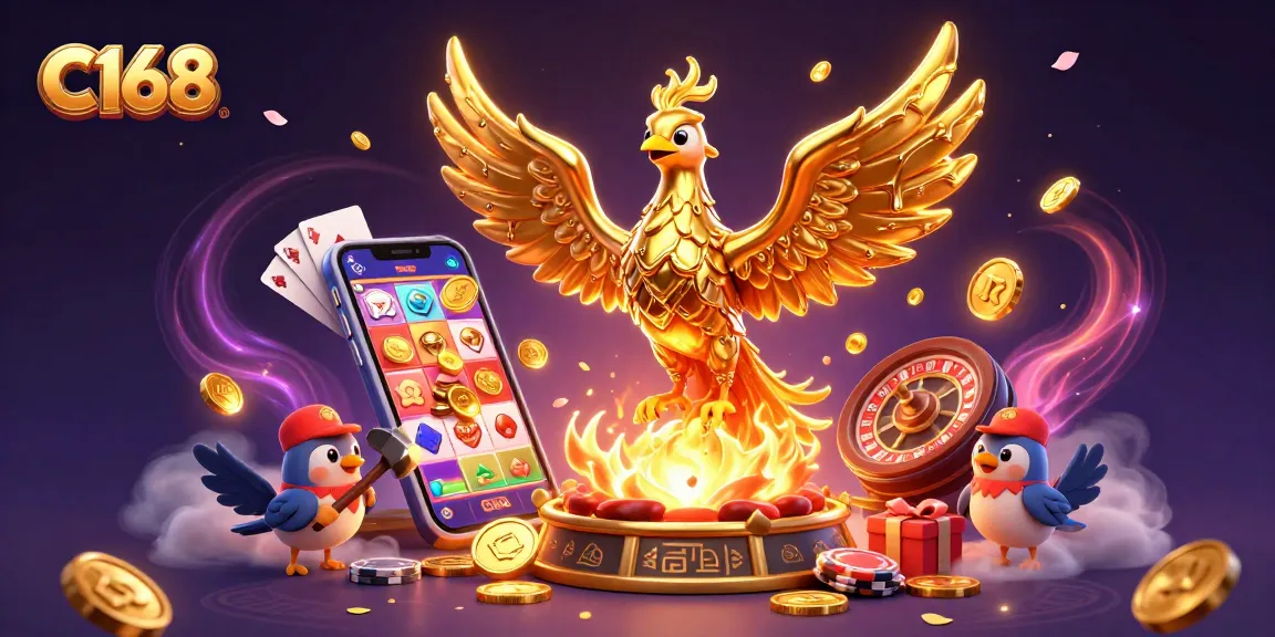 Play and win with C168's vibrant gaming scene featuring a golden phoenix and exciting slot games.