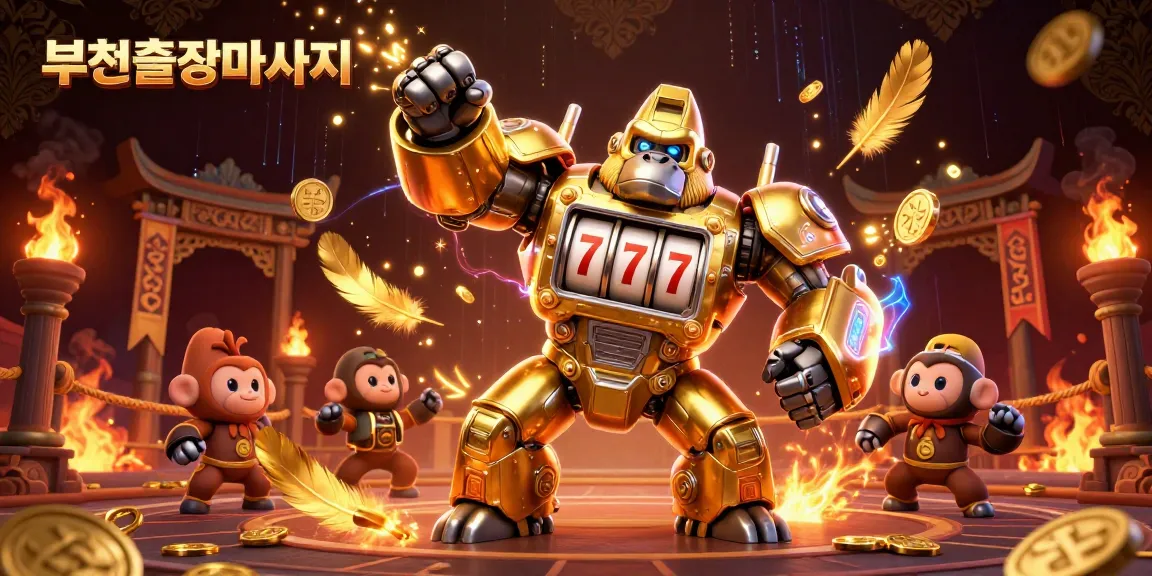 Experience 부천출장마사지 as the golden gorilla mech triumphs in a dazzling casino battle, showcasing slot reels and vibrant action.