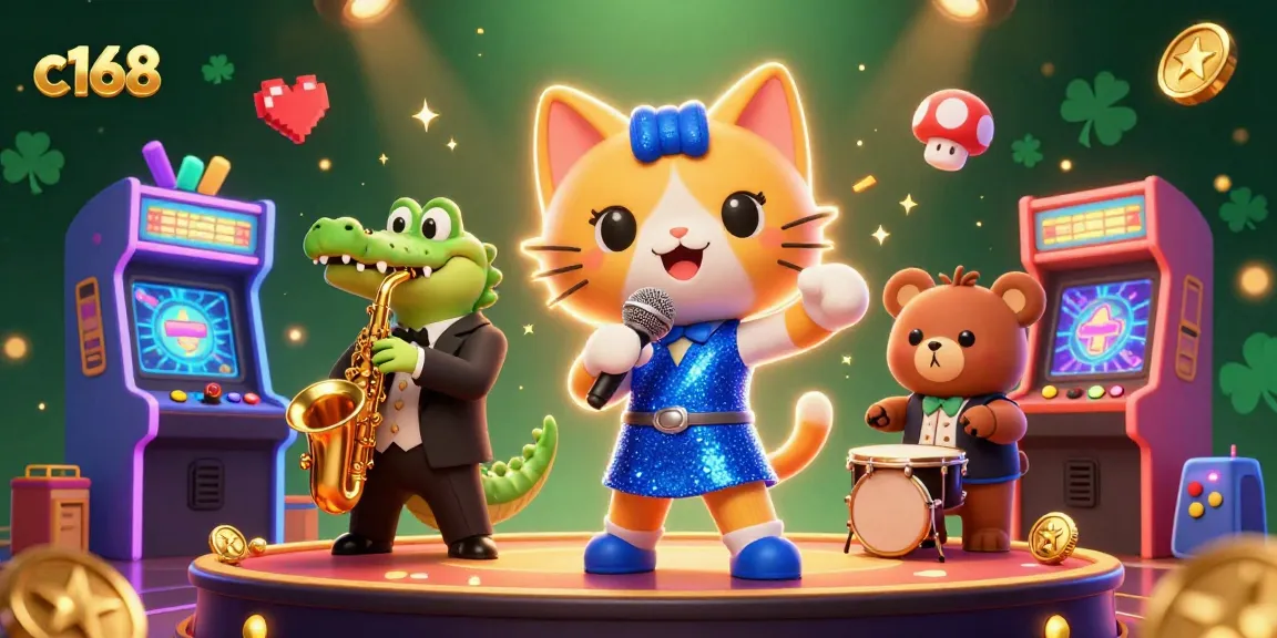 C168 casino offers vibrant action with a jazz-singer cat, zoot-suited croc, and drumming bear cub in a colorful scene